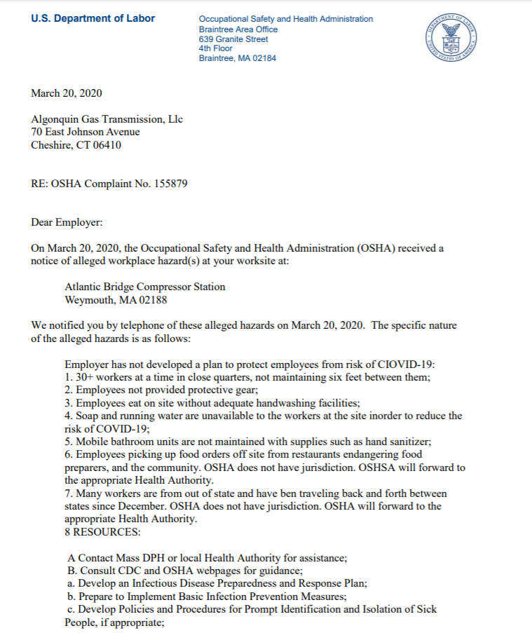 OSHA sends letter to Enbridge