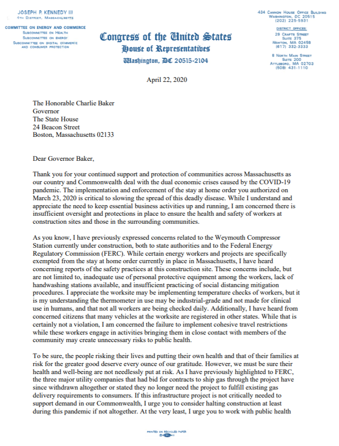 Congressman Kennedy III urges Baker to shut down construction