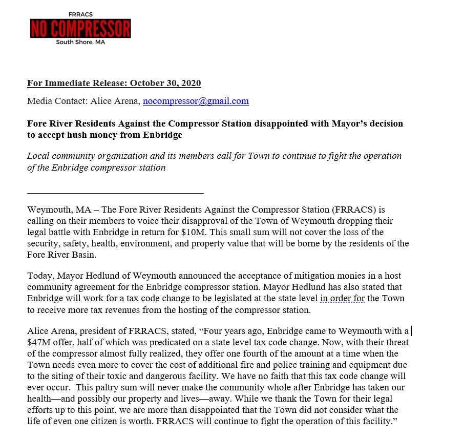 Mayor of Weymouth accepts hush money from Enbridge