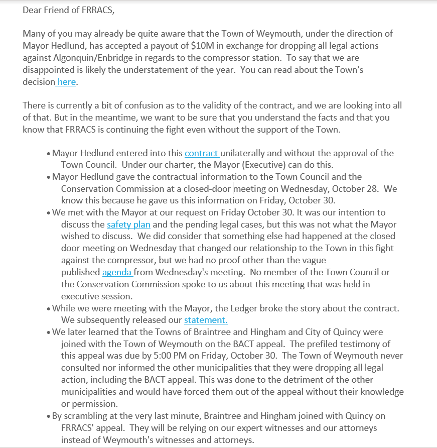 Update on the Town of Weymouth's Deal with Enbridge