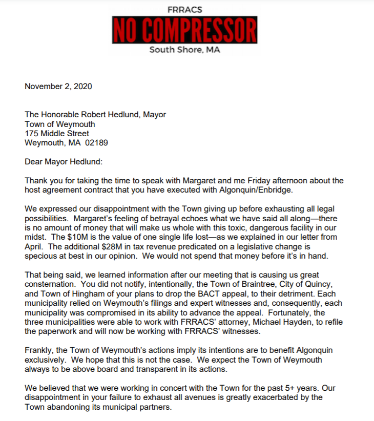 Letter to Mayor Hedlund in response to deal with Enbridge