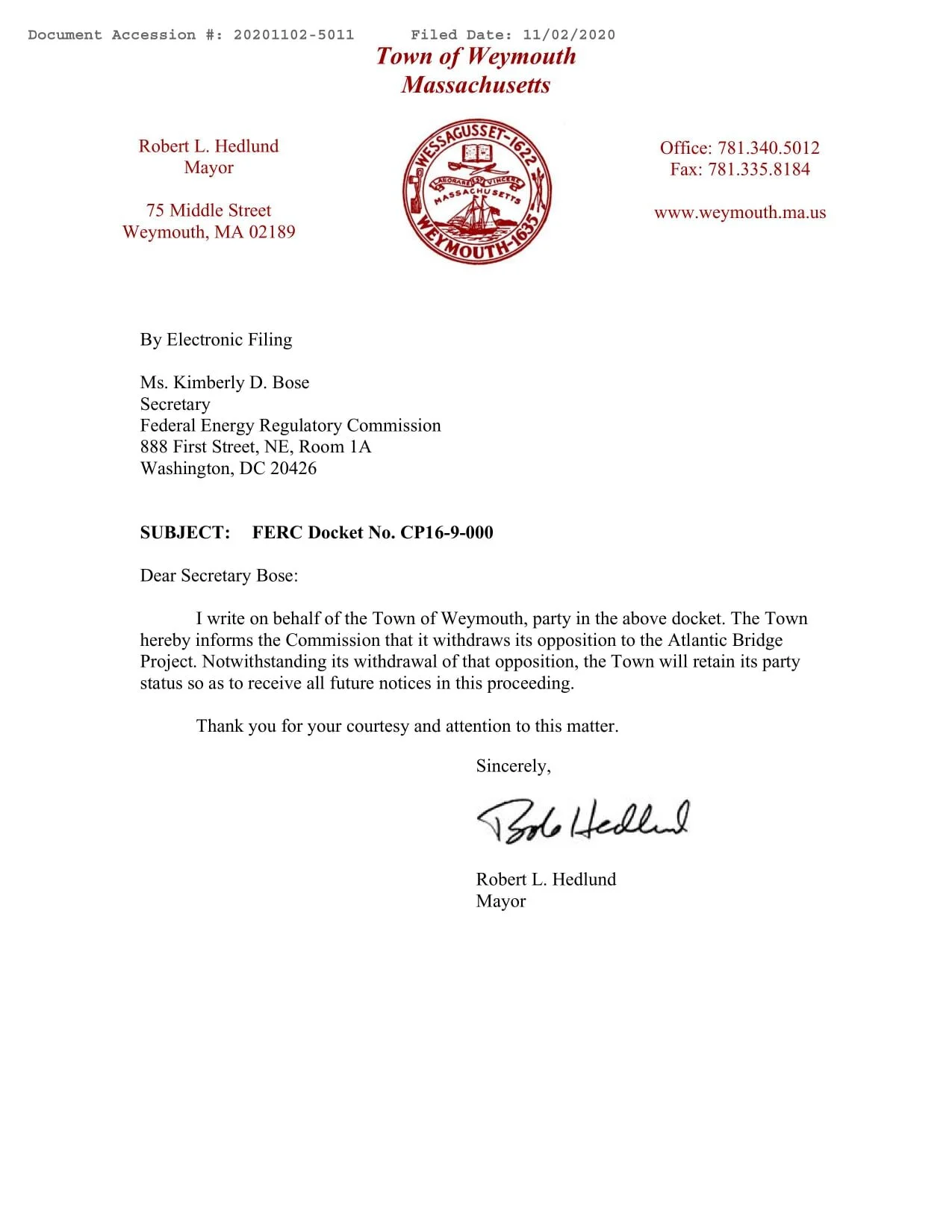 Mayor Hedlund submits withdrawal to FERC