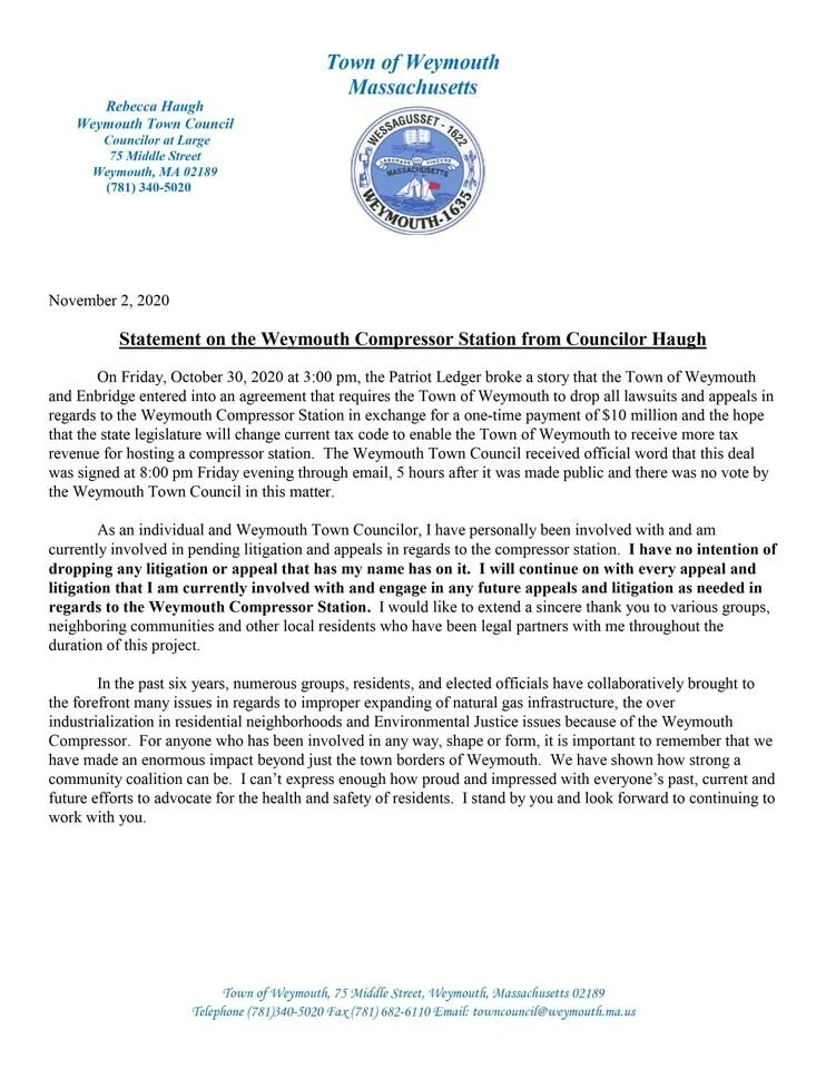 Statement from Councilor Haugh in response to deal with Enbridge