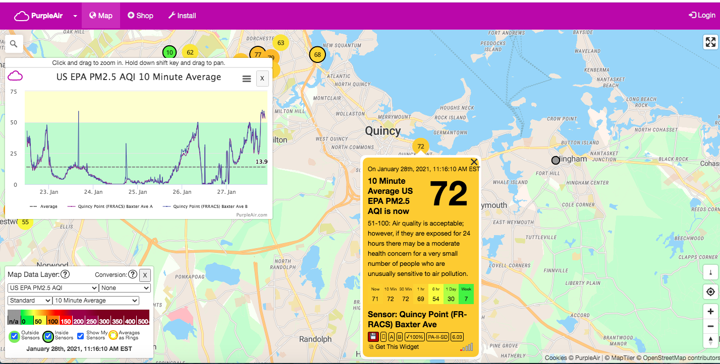 Map and data from Our First Purple Air Monitor In Quincy Point www.purpleair.com/map 