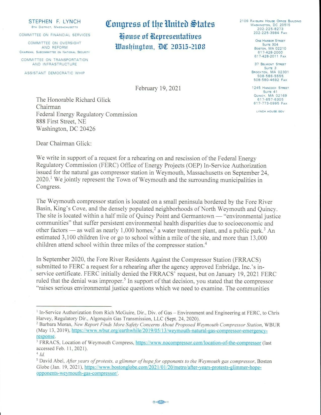 Sen. Markey, Sen. Warren, and Rep. Lynch urge FERC to issue a rehearing