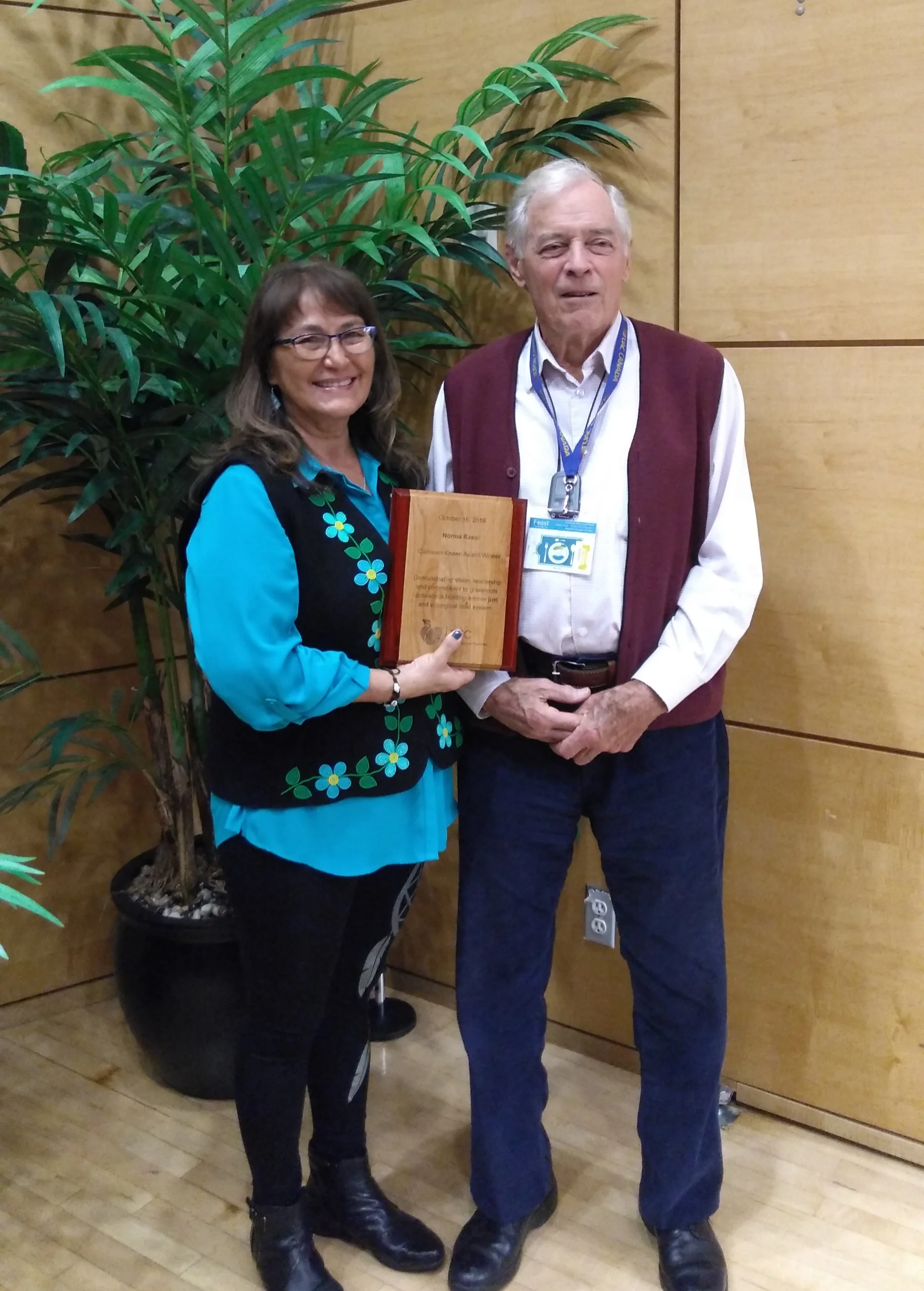 ( Above, from left): Norma pictured here with the late Cathleen Kneen's husband, Brewster Kneen after receiving her award.