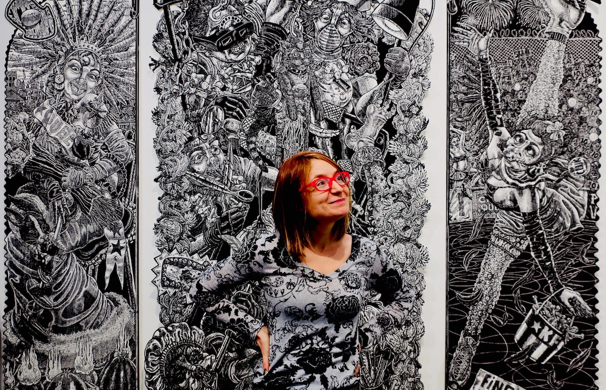 Art on Paper 2018 with Sarah Shirley in front of Tom Huck at C.G. Boerner Gallery
