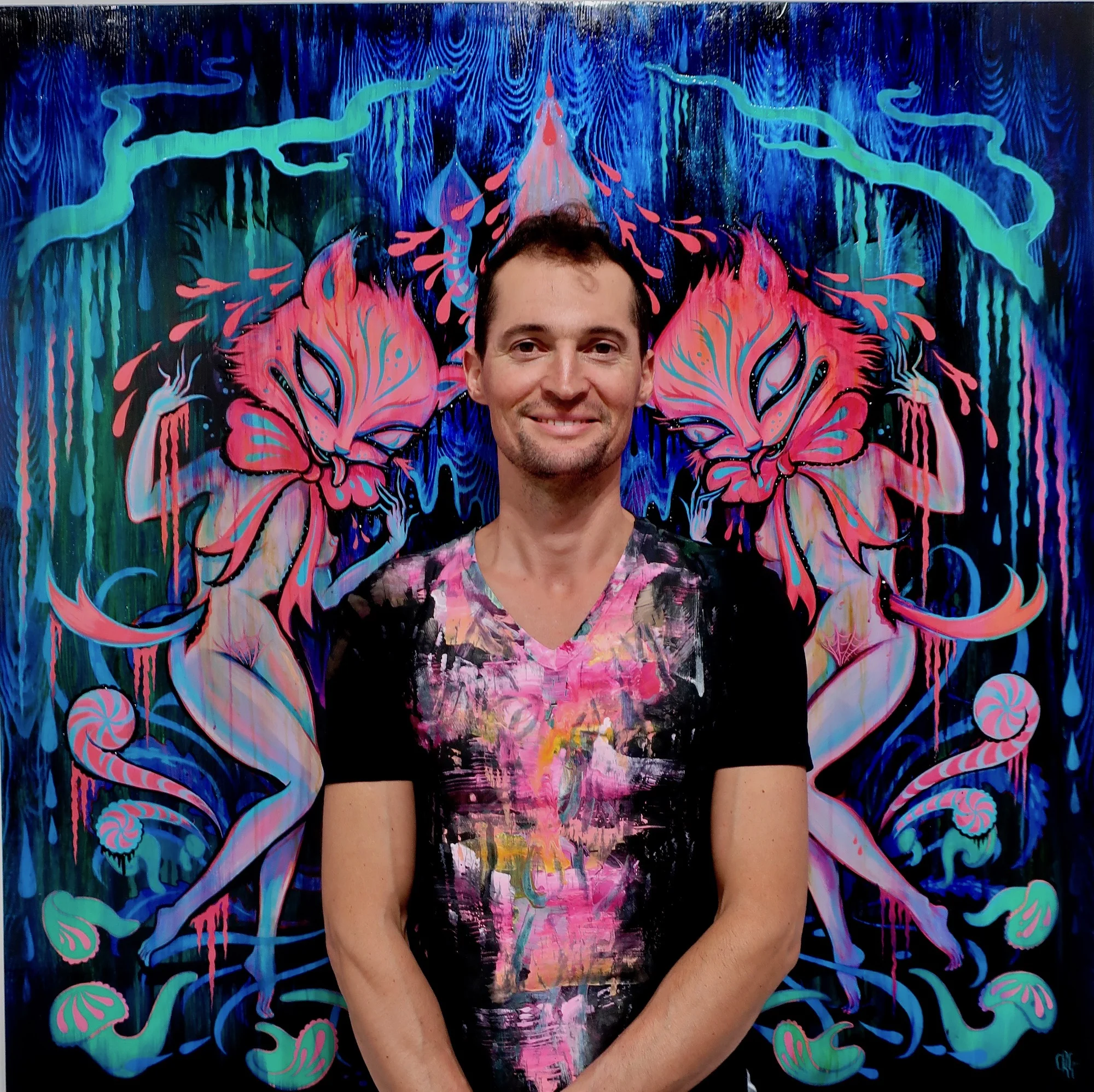 Spotted at Scope Miami with Juan Esteban Usubillaga standing in front of a Camille Rose Garcia painting at Corey Helford Gallery