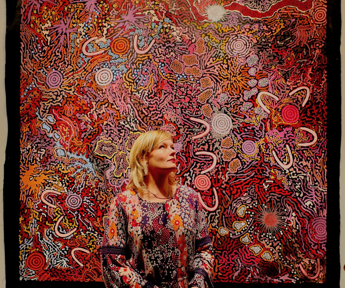 Spotted at LA art Show 2019 with Natalie Hollow in front of painting by Gabriella Possum Nungurrayi at Australian Aboriginal Art Gallery