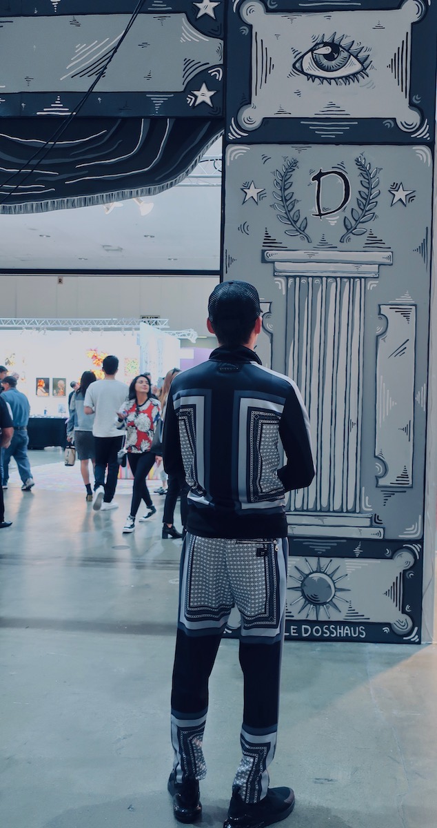 Spotted at LA Art Show 2019 with Jan B (jannibiss) in front of Dosshous cardboard entrance to Littletopia with Corey Helford
