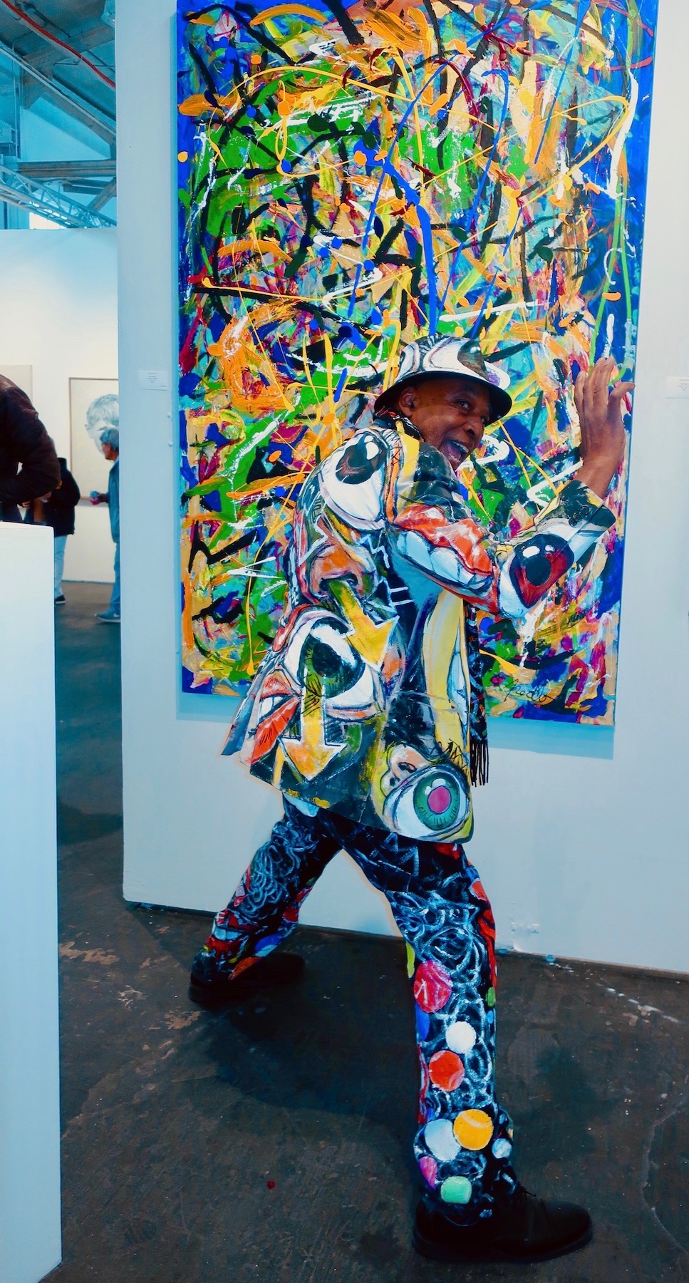 Spotted at Art Market SF 2019 with Leroy Parker (paintermanparker or artmanace) who painted his clothes standing in front of a Frederick Doar painting at Planet Freddo Gallery