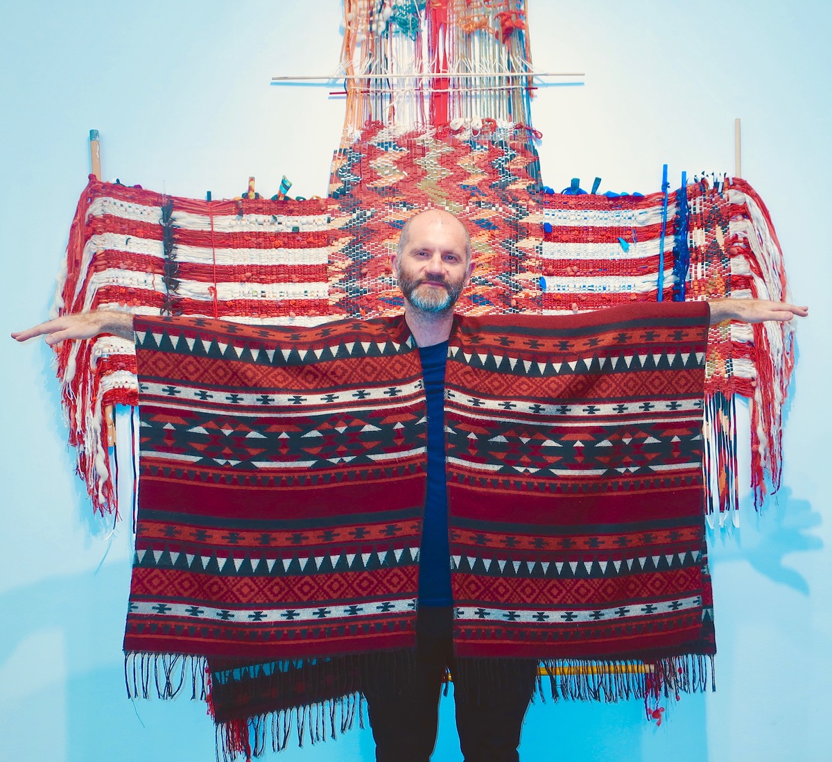 Spotted at Art Market SF with (mazomazo1) standing in front of Kira Dominguez Hultgren woven textile at Eleanor Harwood Gallery