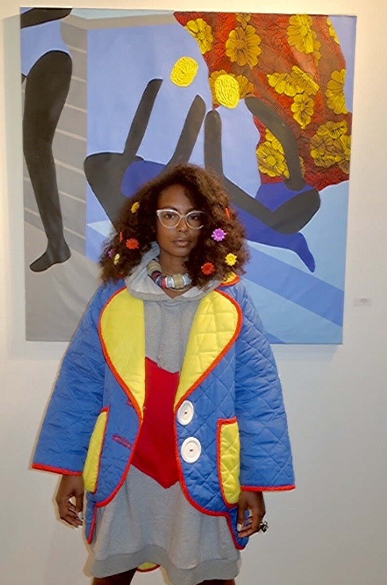 Spotted at LA Art Show 2020 with Adrienne Wade in front of Tonia NNeji painting at Rele Gallery