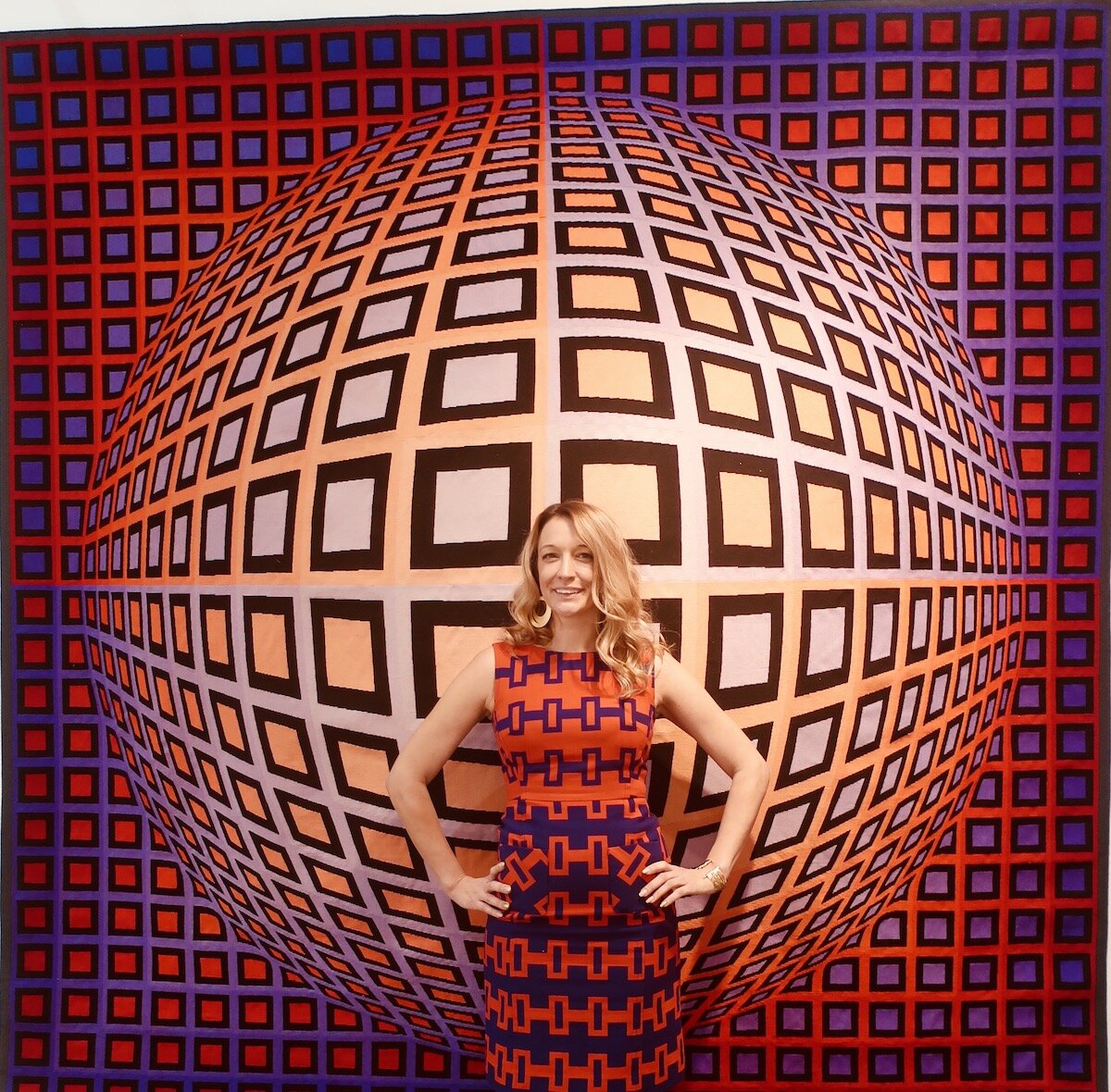 Spotted at LA Art Show 2020 with Amelia Vermilyea (mealzvermealz) in front of Victor Vasarely tapestry at Jane Kahan Gallery