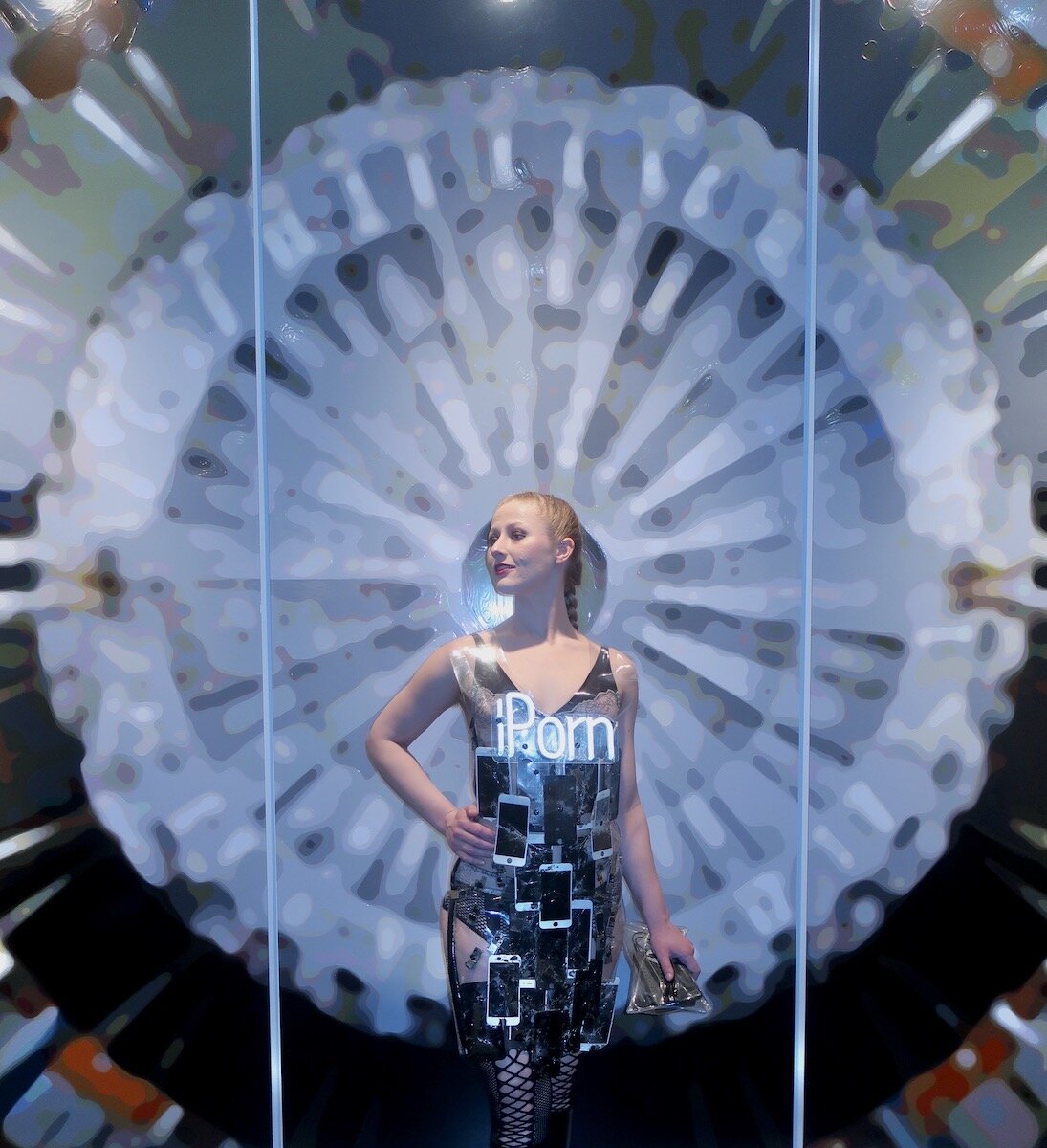 Spotted at LA Art Show 2020 with Tiffany Helms (Tiffanyhelmsbackup) wearing Detritus Designs dress in front of Timothy Topkins painting Time4art Homera Goldstein