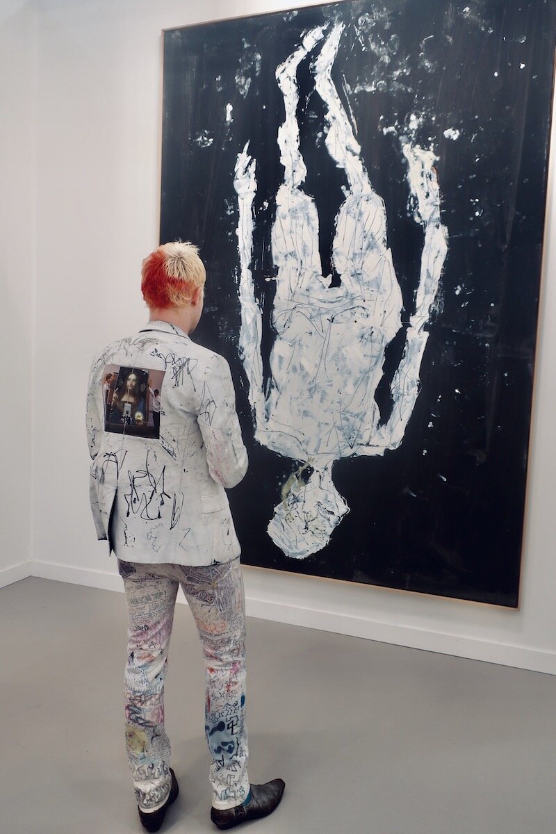Spotted at Frieze LA 2020 with Luke (revolutionarytechnology) standing in front of George Baselitz painting arGallerie Thaddaeus Ropac