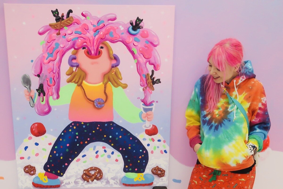 Spotted at Spring Break Art Show 2020 in front of a SuperFutureKid painting at Mindy Salamon Gallery and curated by Ché Morales (Wanderlustflaneur)