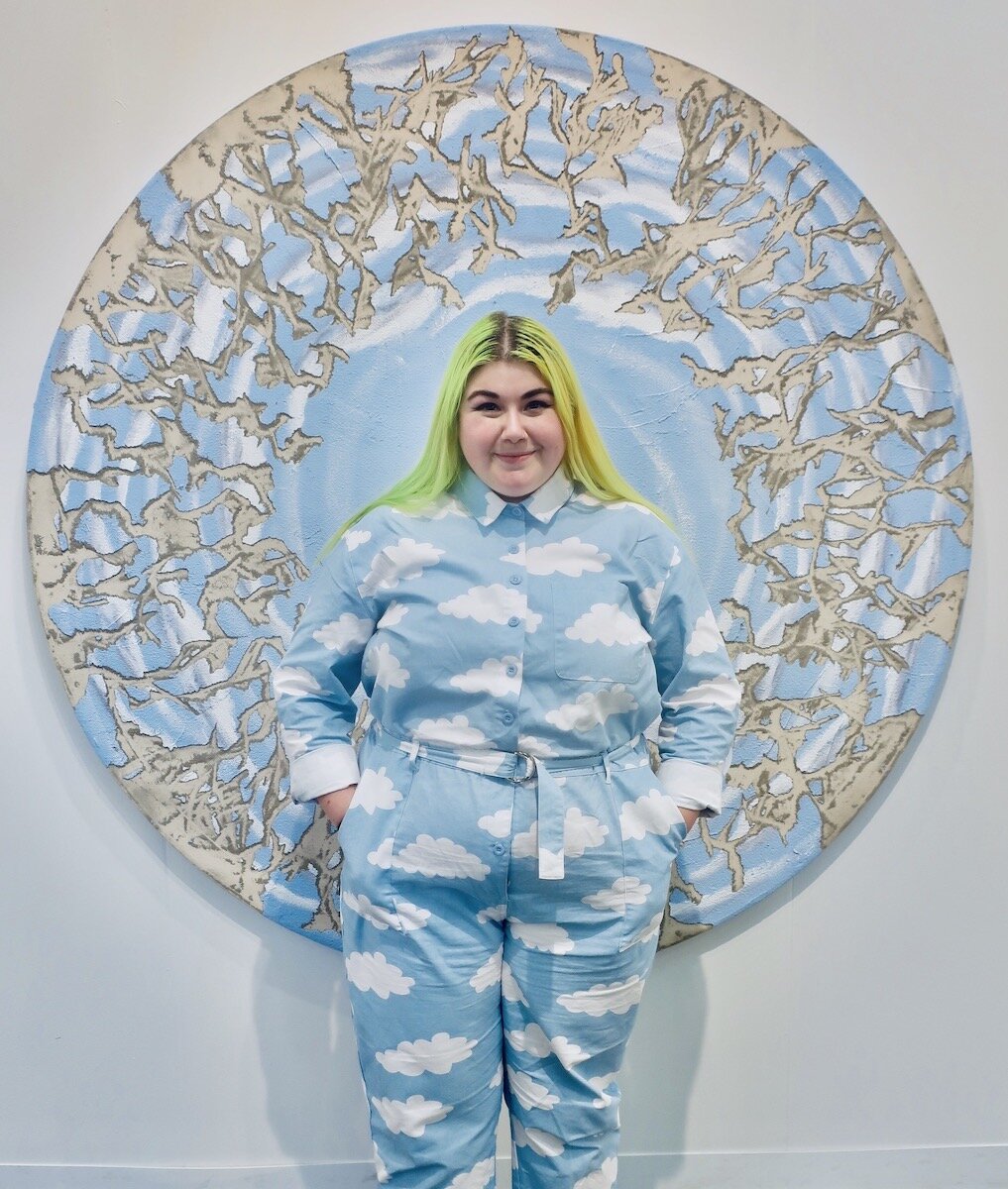 Spotted at The Armory Show 2020 with in front of Latifa Echakhch painting at Kaufmann Repetto Gallery