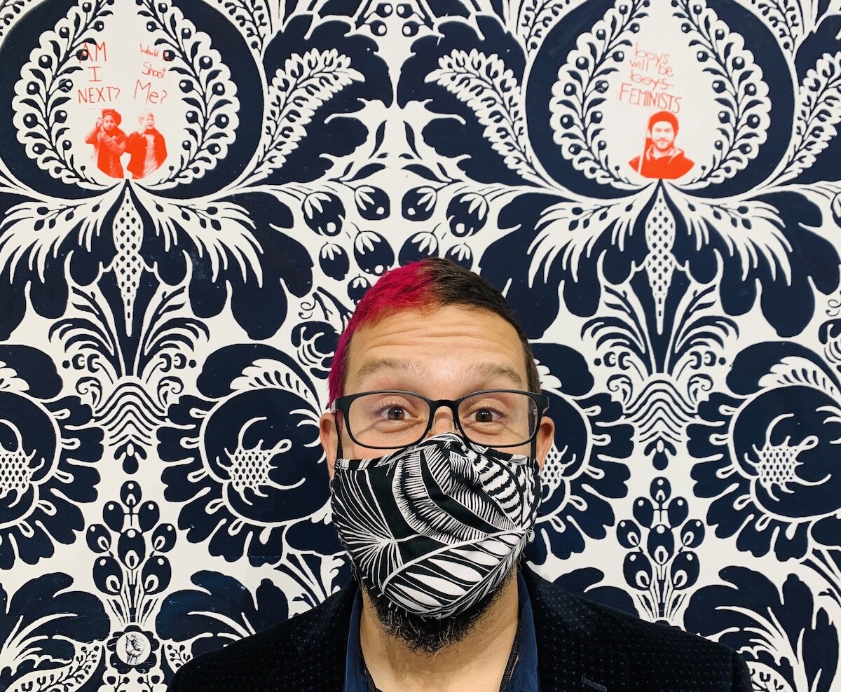 Spotted at the Armory Show with Justin Sanz in front of Terence Hammons wallcovering at Wave Pool