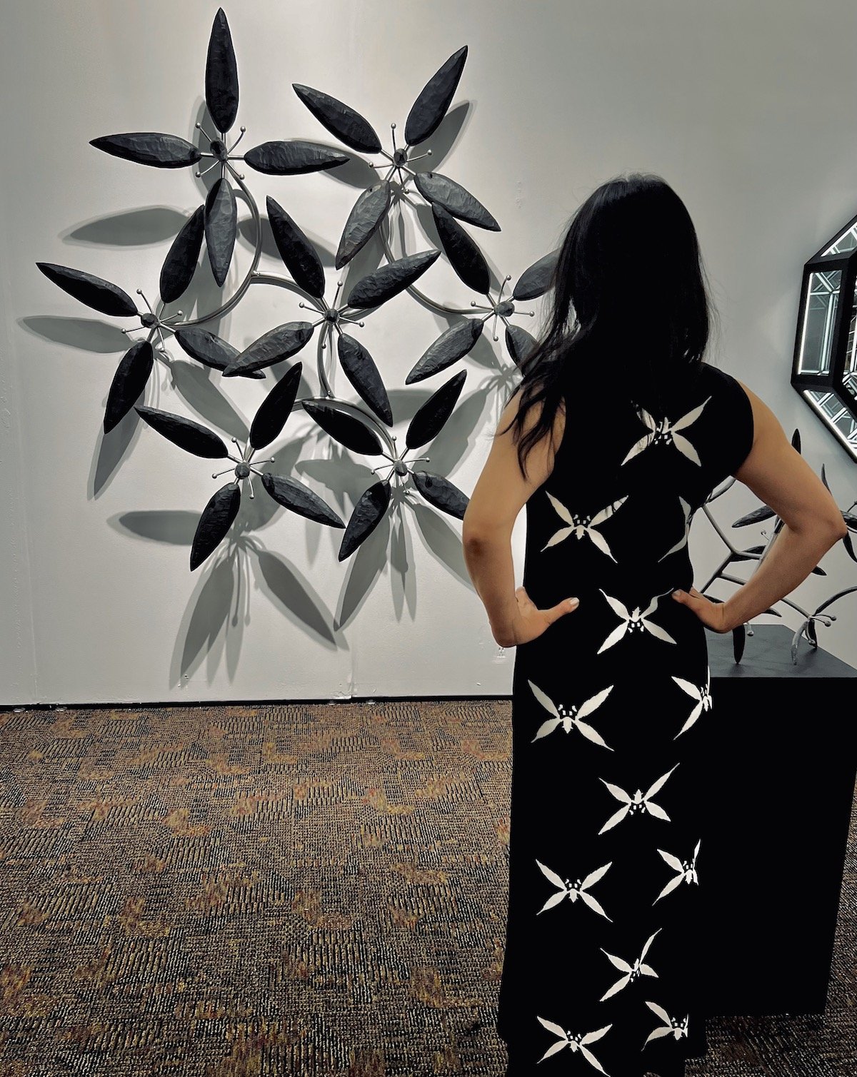 Spotted at Intersect Art & Design with Mami Erber standing in front of James Surls sculpture at Melissa Morgan Fine Art