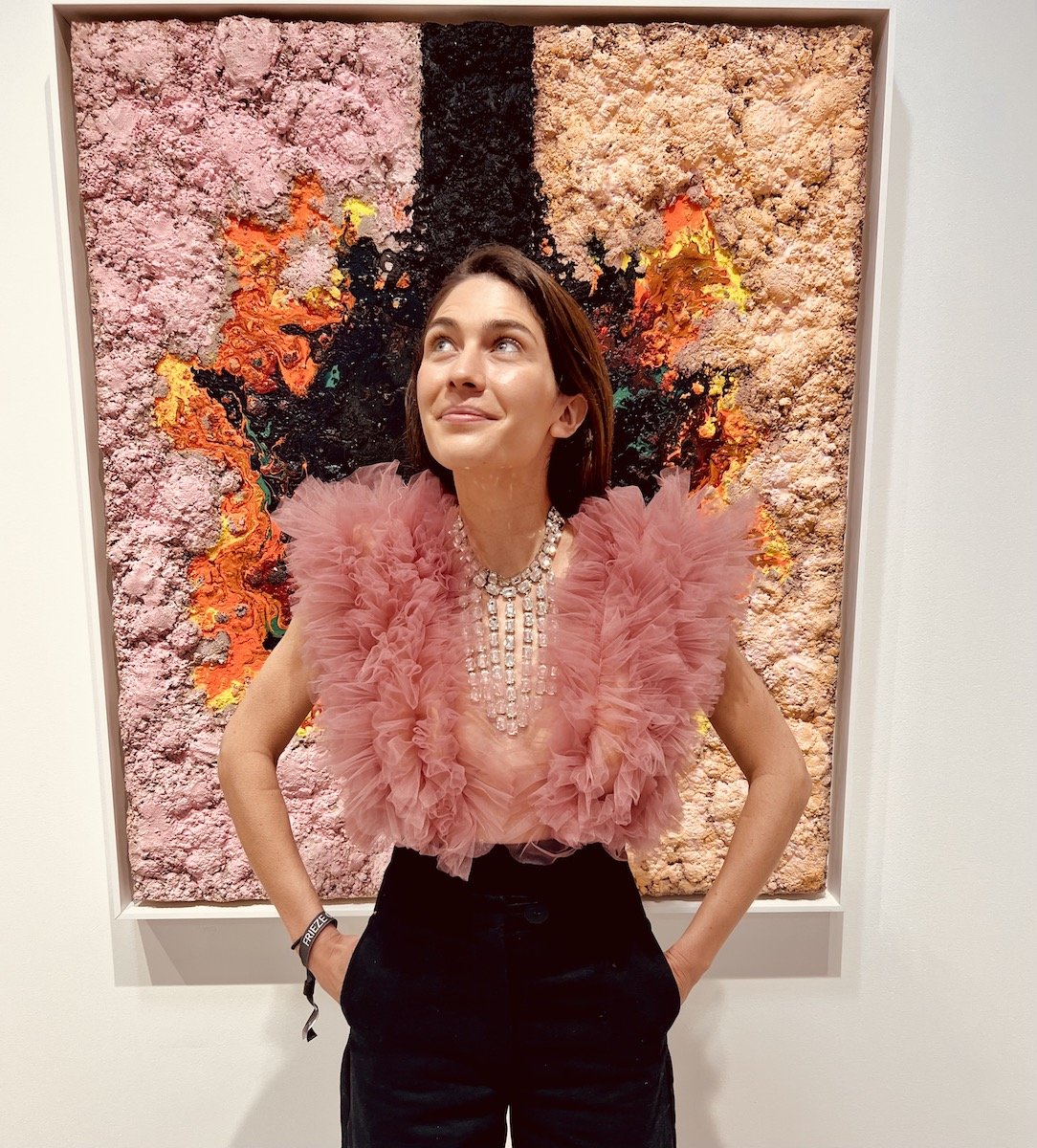 Spotted at Frieze LA with Aston Vechery in front of Vaughn Spann panel at Alpine Rech Gallery