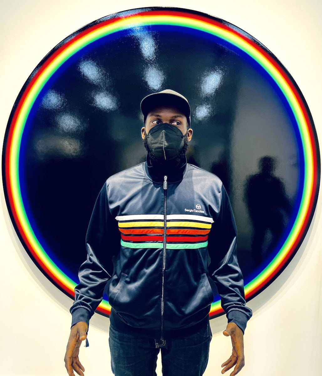 Spotted at Frieze with Paul Anthony Smith in front of Olafur Eliasson painting at Tanya Bonakdar Gallery