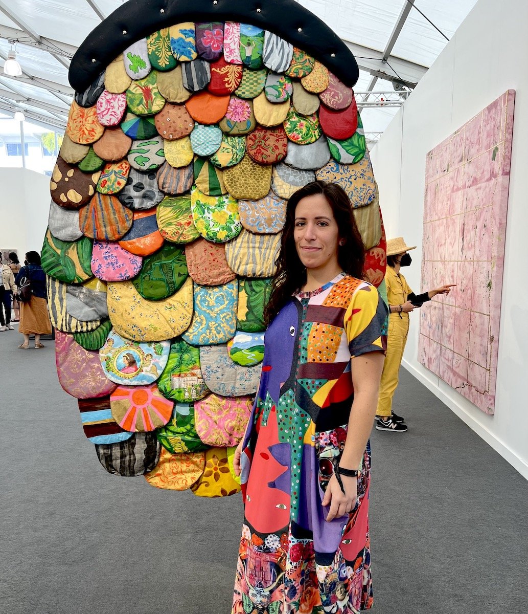 Spotted at Frieze with Dusty Rose in front of Leda Catunda's painted fabric
