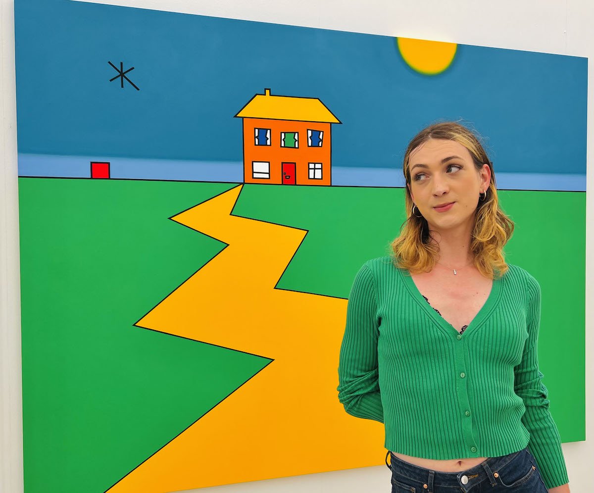 Spotted at Frieze with LA with Kriss Filip standing in front of Duggie Fields painting at The Modern Institute/Toby Webster