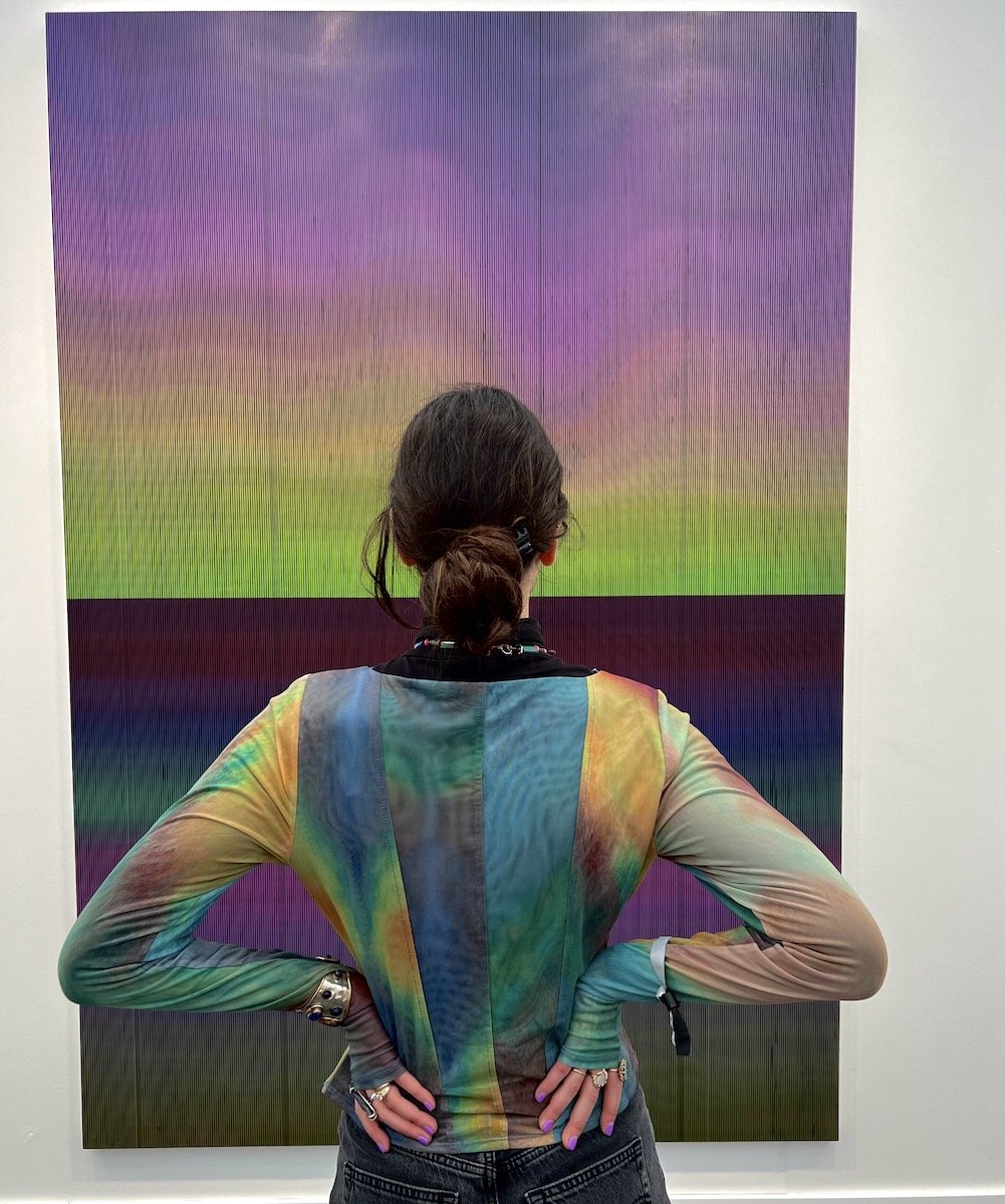 Spotted at Frieze La with Alyssa Tobias standing in front of Liu Wei painting at White Cube