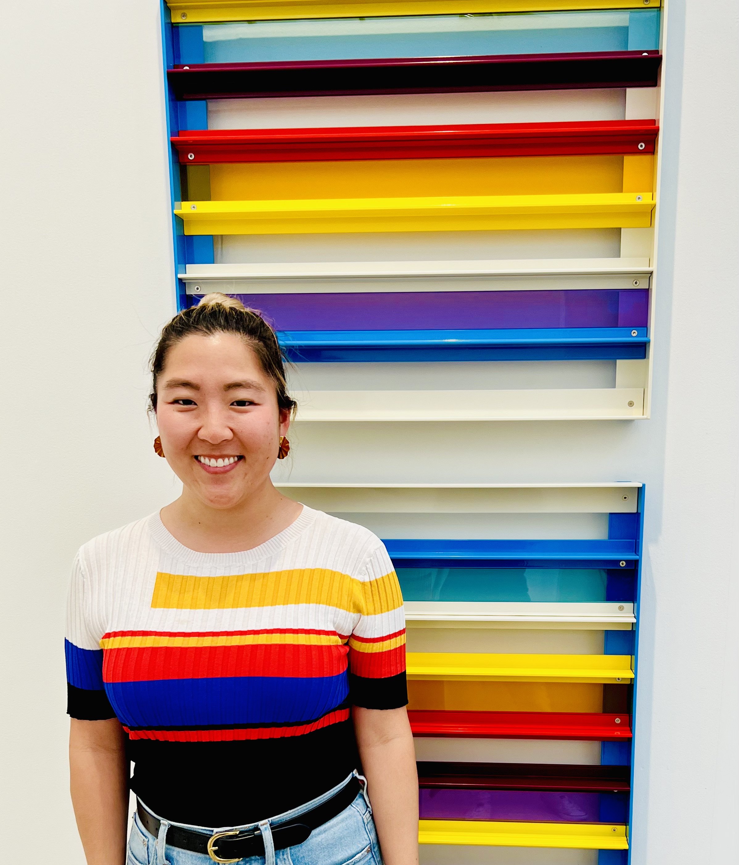 Spotted at Frieze LA with Erica (tag unface) standing in front of Liam Gillick aluminium wall sculpture at Maureen Paley Gallery
