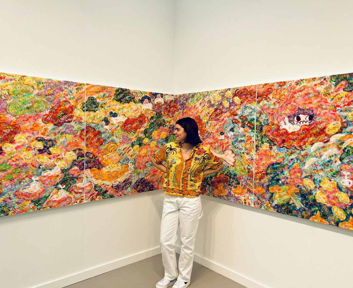 Spotted at Frieze LA with Sophia standing in front of Ayako Rokkaku paintings at Konig Galerie
