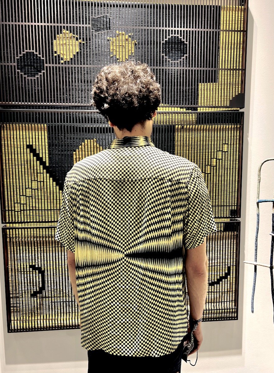 Spotted at Frieze NYC with Isaac Fujita standing near Suki Soekyoeng Kang assemblage at Tina Kim Gallery