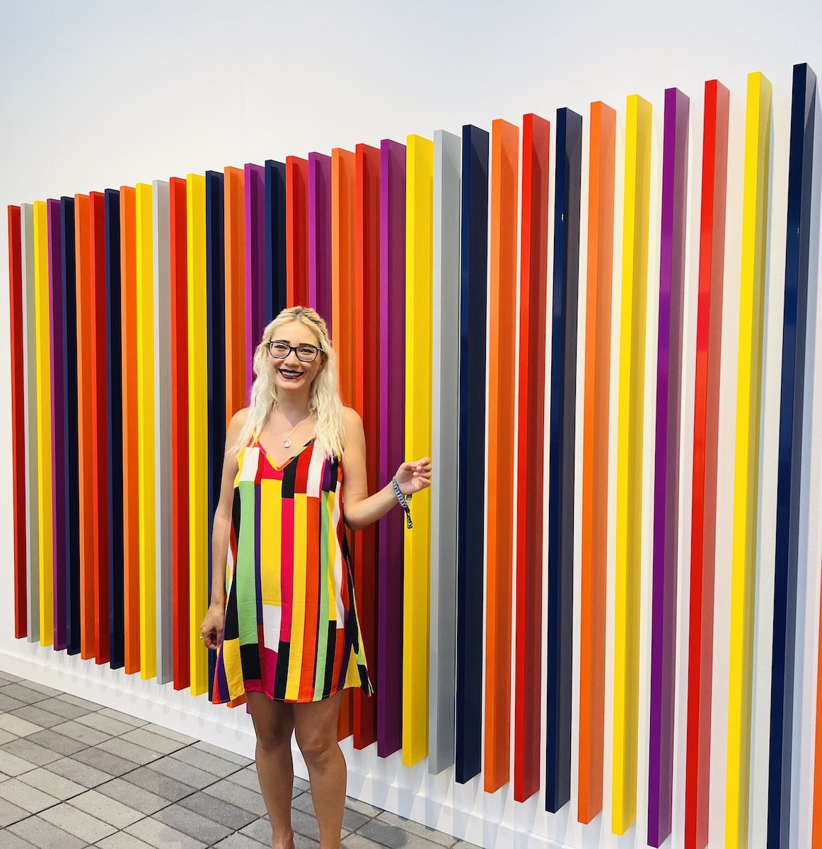 Spotted at Frieze NYC with Elizabeth Cleveland standing in front of Liam Gillick sculpture at Casey Kaplan Gallery