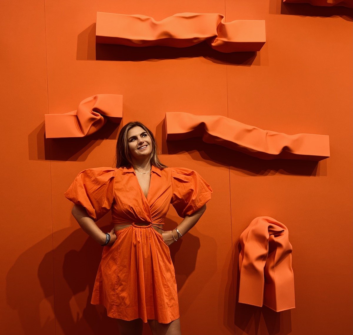 Spotted at Frieze NYC with in front of Carol Bove’s sculpture at David Zwirner Gallery