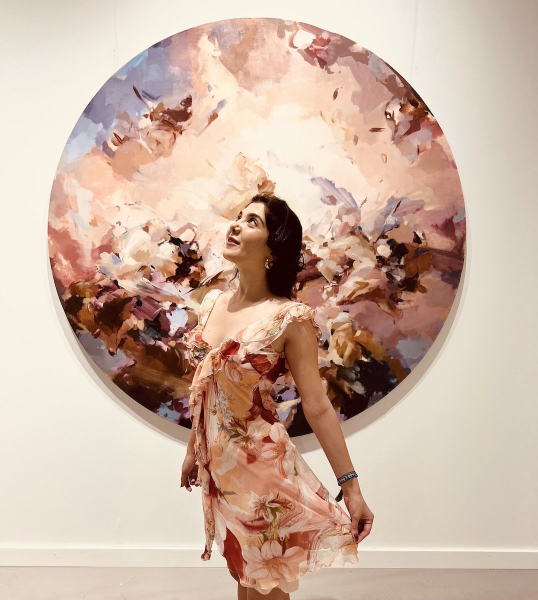 Spotted at Frieze NYC with Gia ? in front of Flora Yukhnovich’s painting at Victoria Miro