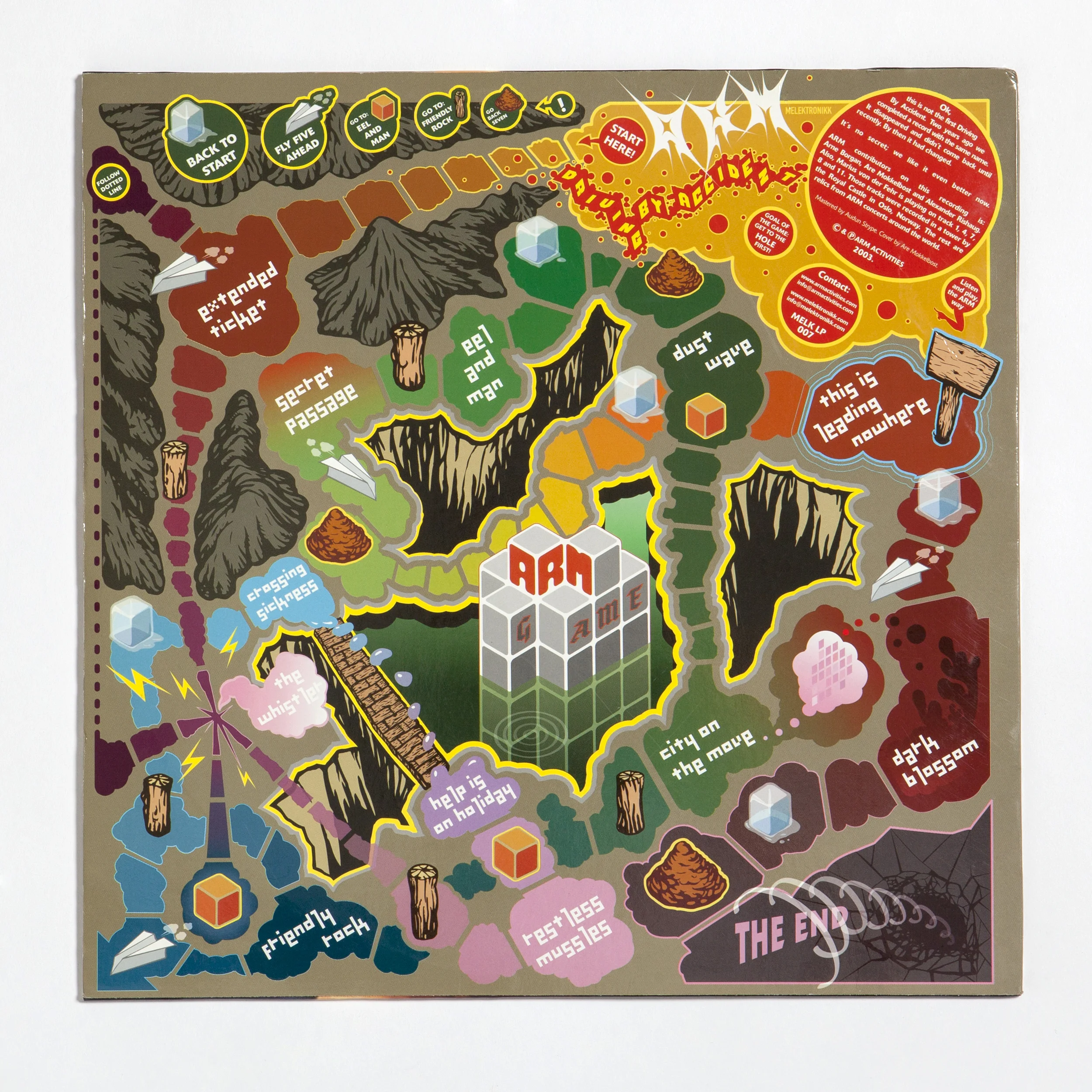Driving By Accident LP, back cover (board game design). Released by Melektronikk, 2004.