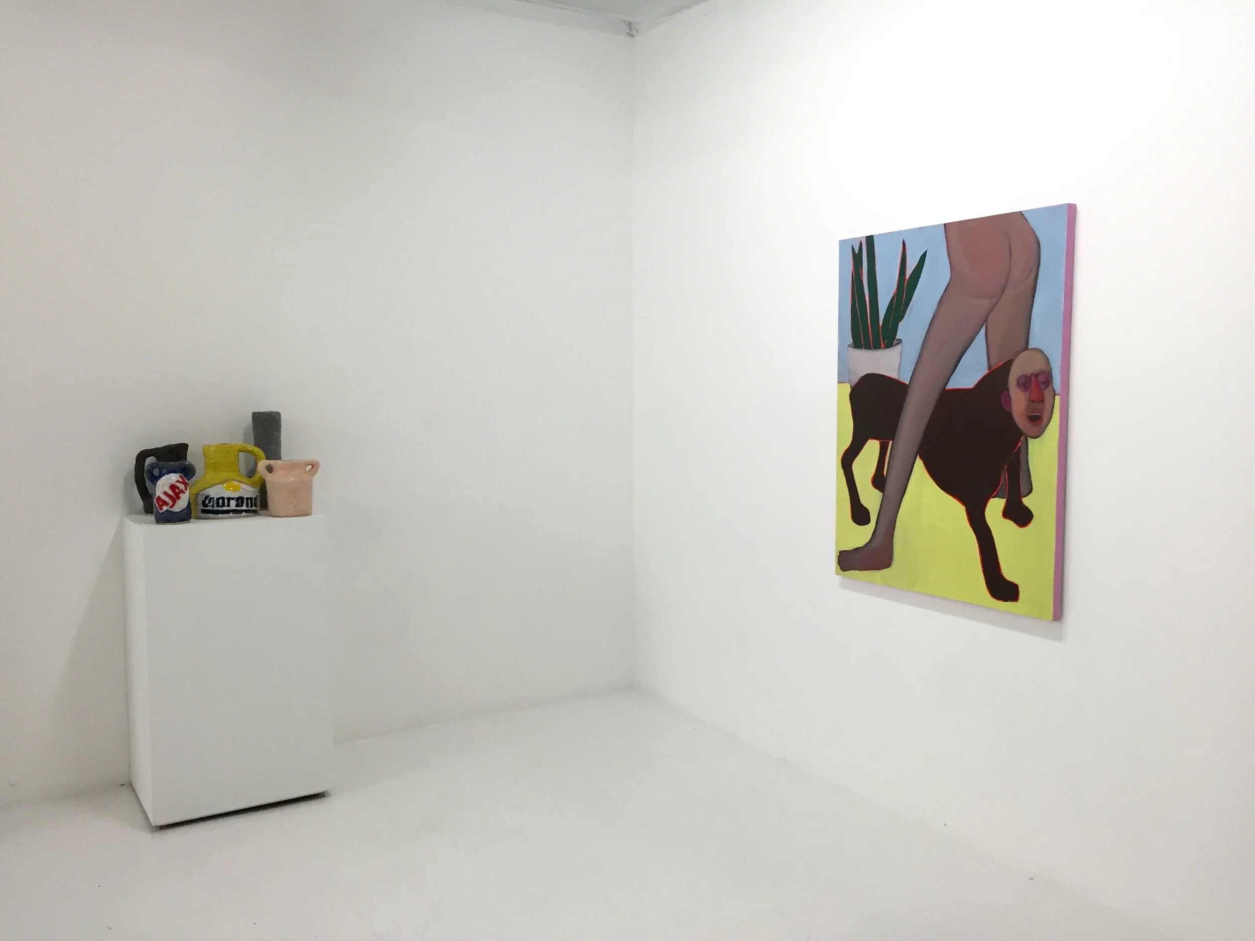 &nbsp;Installation View, Grant Levy-Lucero,&nbsp; Ajax Vase , 2016,&nbsp; Corona,&nbsp; 2016,&nbsp; Pink Small Vase, &nbsp;2016,&nbsp; Matte Grey Vase , 2016,&nbsp; Black Water Pitcher, &nbsp;2016, Anja Solonen,&nbsp; My Dog, 2016 