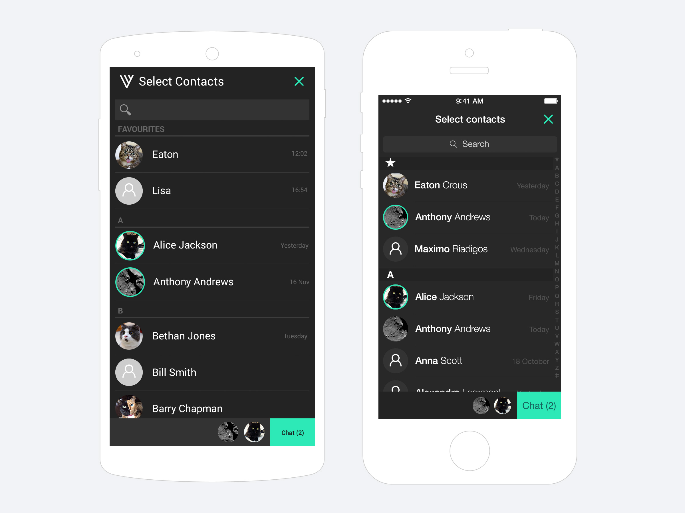 - selecting contacts on Android vs iOS