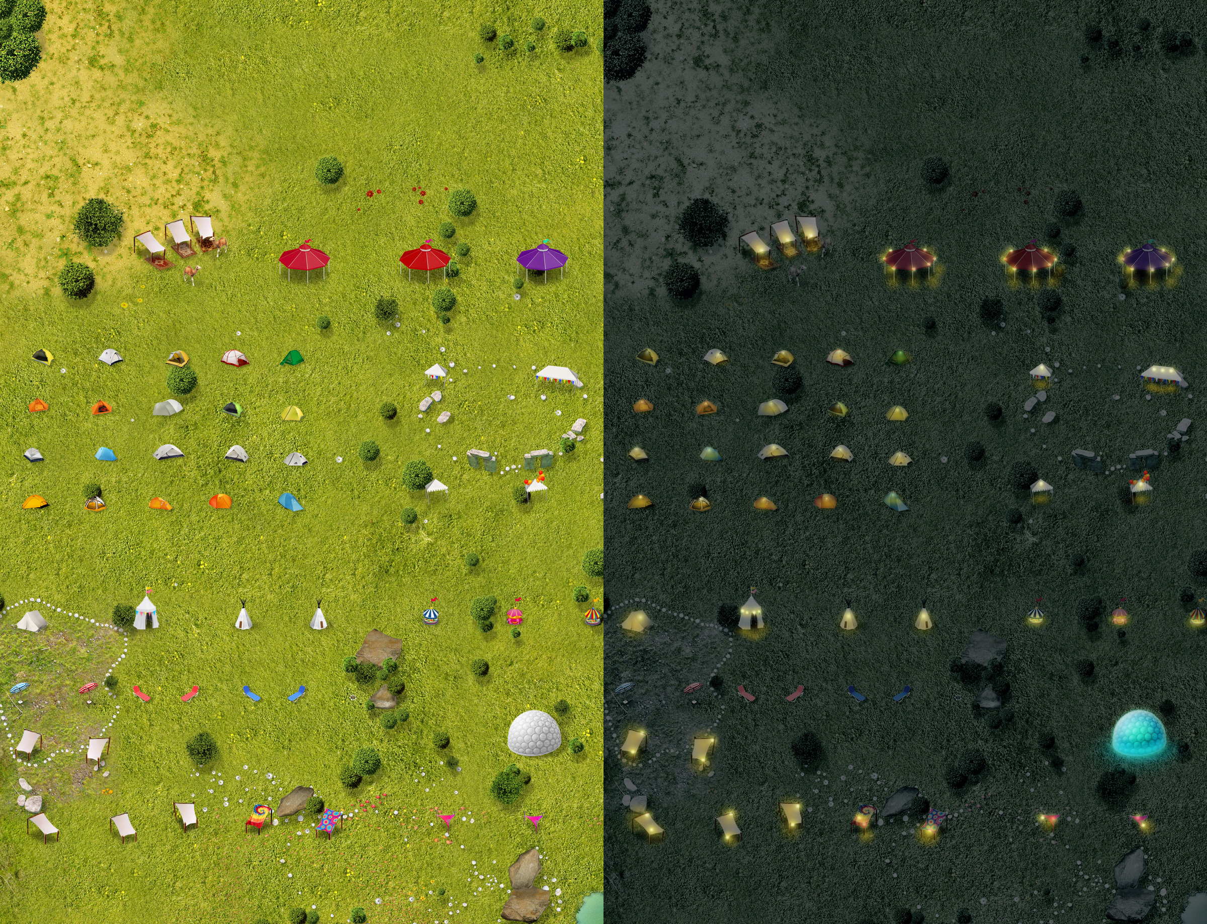 - I created two sets of each asset to coincide with daytime and night-Time