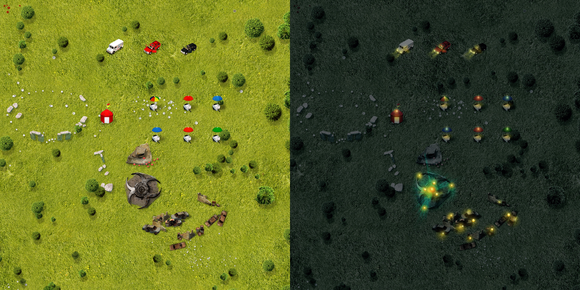 - I CREATED TWO SETS OF EACH ASSET TO COINCIDE WITH DAYTIME AND NIGHT-TIME