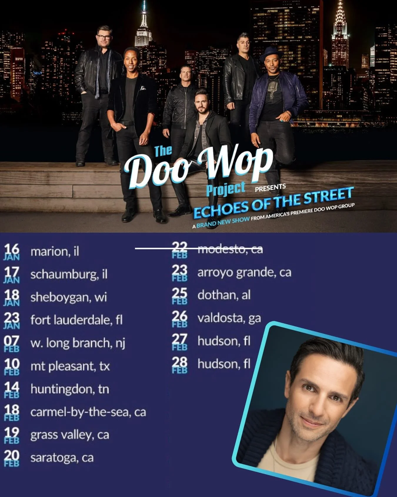 Swinging back into @thedoowopproject for the beginning of 2026 (Jan-Feb)! If you wanna see the awesome NEW show, here&rsquo;s where we&rsquo;ll be! Come on down, I&rsquo;d love to see you! 🎤🎶💥
#thedoowopproject #touring #doowop #2026