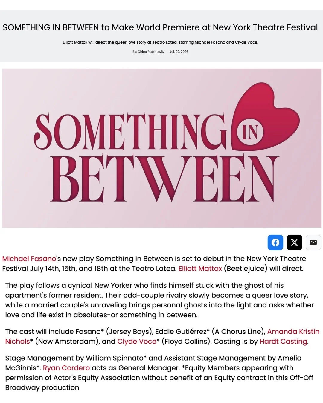 SOMETHING IN BETWEEN TO MAKE WORLD PREMIERE IN THE NEW YORK THEATRE FESTIVAL