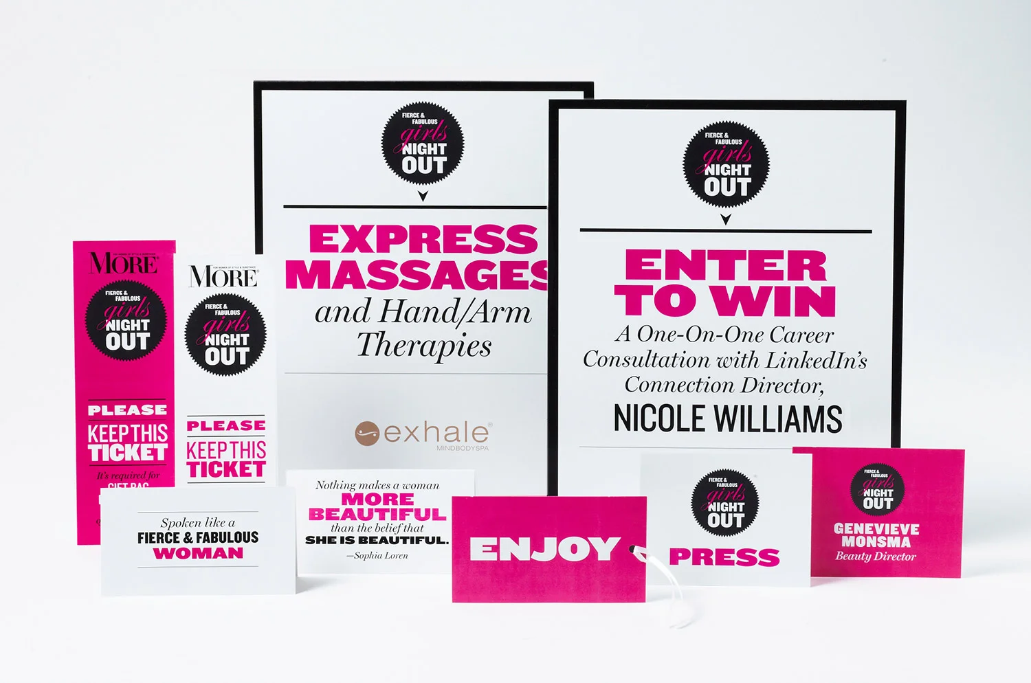 Counter cards, tentcards, tags. MORE Magazine's Girls' Night Out. Creative Director: Heather Sears