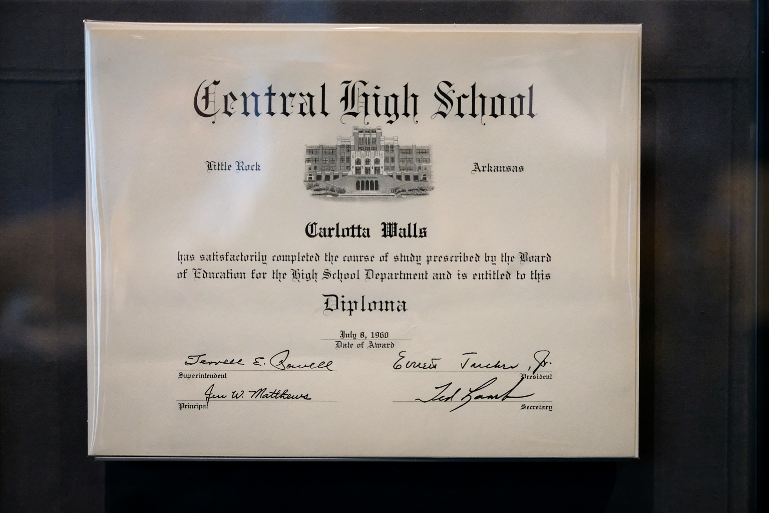  Diploma for Carlotta Walls from Little Rock Central High School. Carlotta Walls LaNier was the youngest of nine high school students, known as the Little Rock Nine, who integrated the formerly all-white Central High School in Little Rock, Arkansas, 