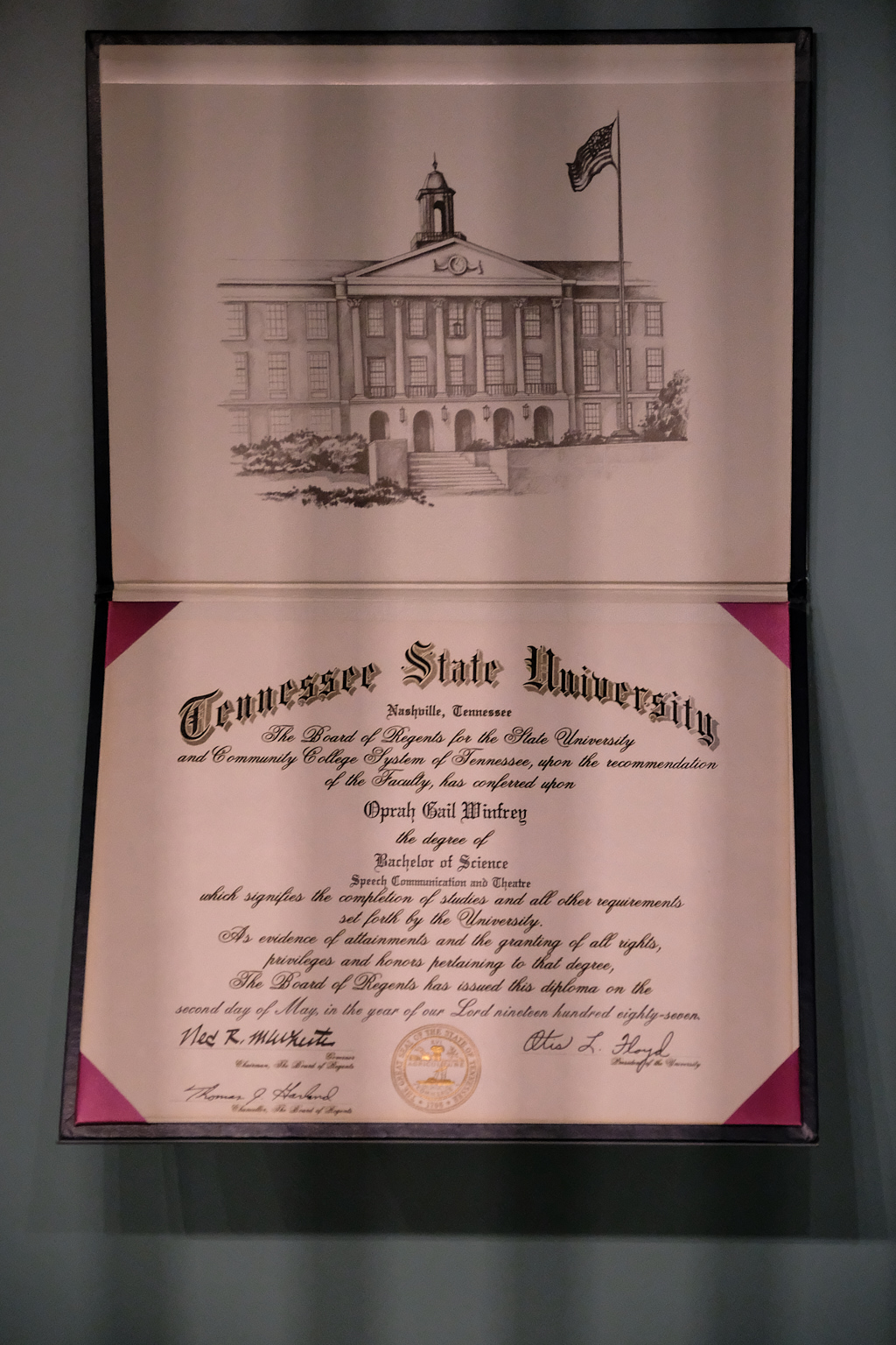  Oprah Winfrey enrolled at TSU in 1971, but left shortly before graduating to take a job at a local television station. In 1987, she completed the coursework to receive her bachelor’s degree and delivered the school’s commencement address. 