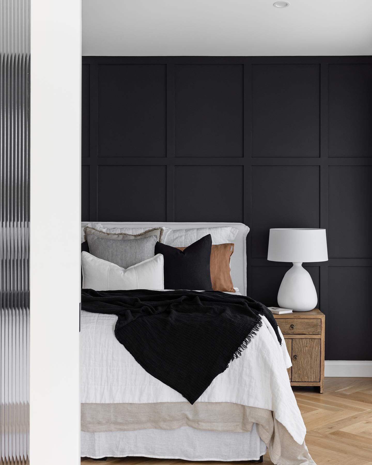 Two things I&rsquo;ve never done before&hellip;a black wall and a four poster bed! Two of the gorgeous bedrooms at our most recent project, and you get a sneak peek of the custom cavity slider door with fluted glass insert! All so dramatic and so bea