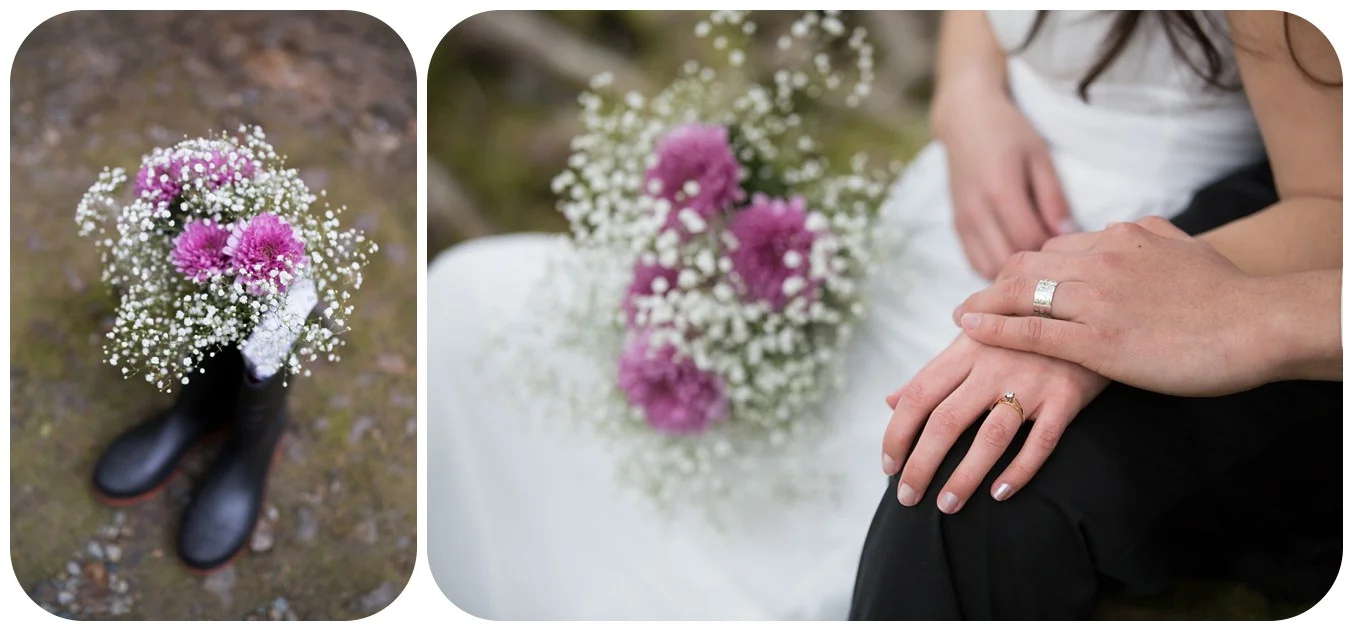 wedding ring details shot, bridal bouquet and vows in rubber boots, englishman river falls portraits, elopement at englishman river falls parksville bc