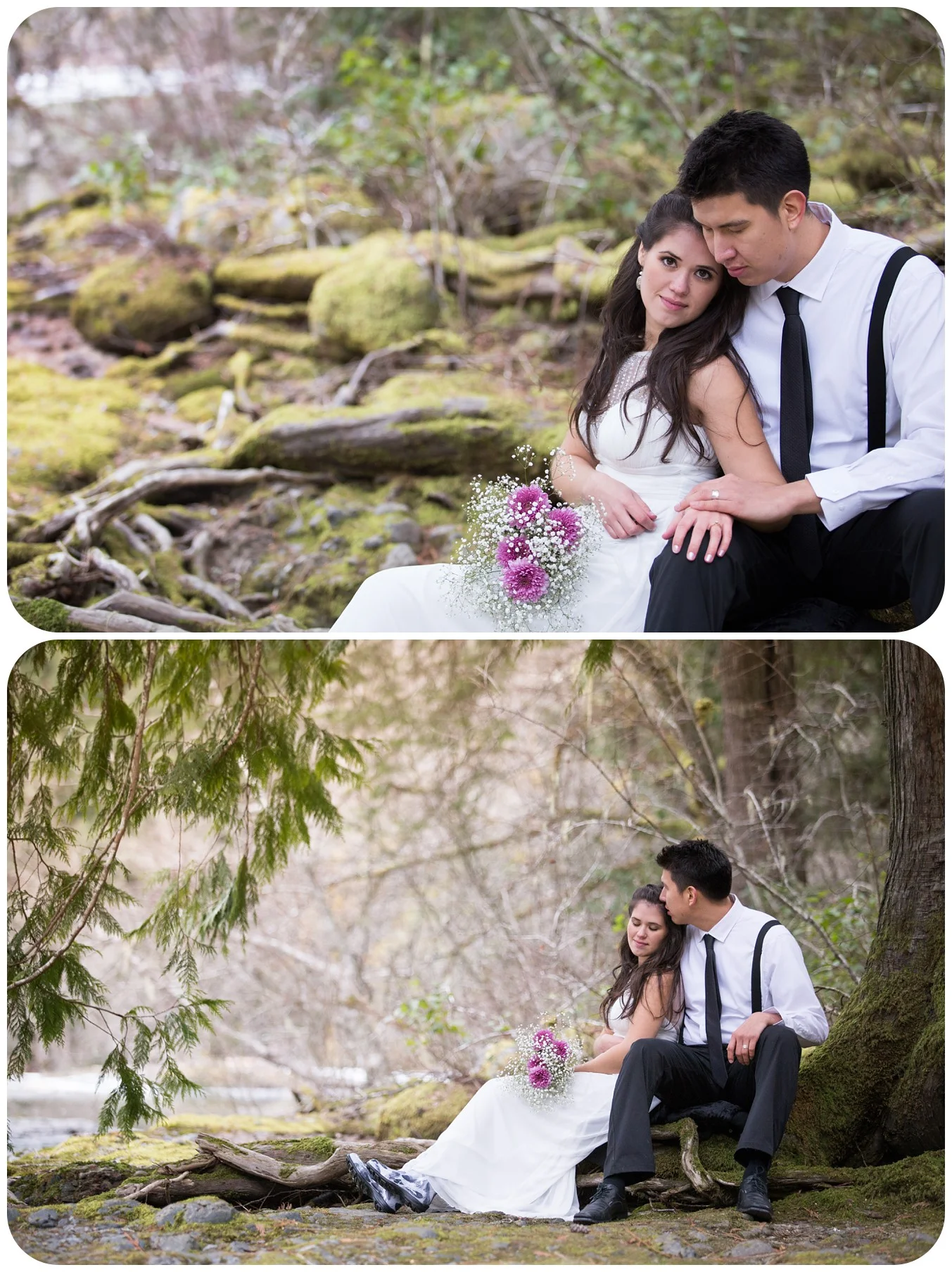 forest winter elopement at englishman river falls, forest portraits for bride and groom, sitting under big tree in forest, romantic wedding photographer parksville bc