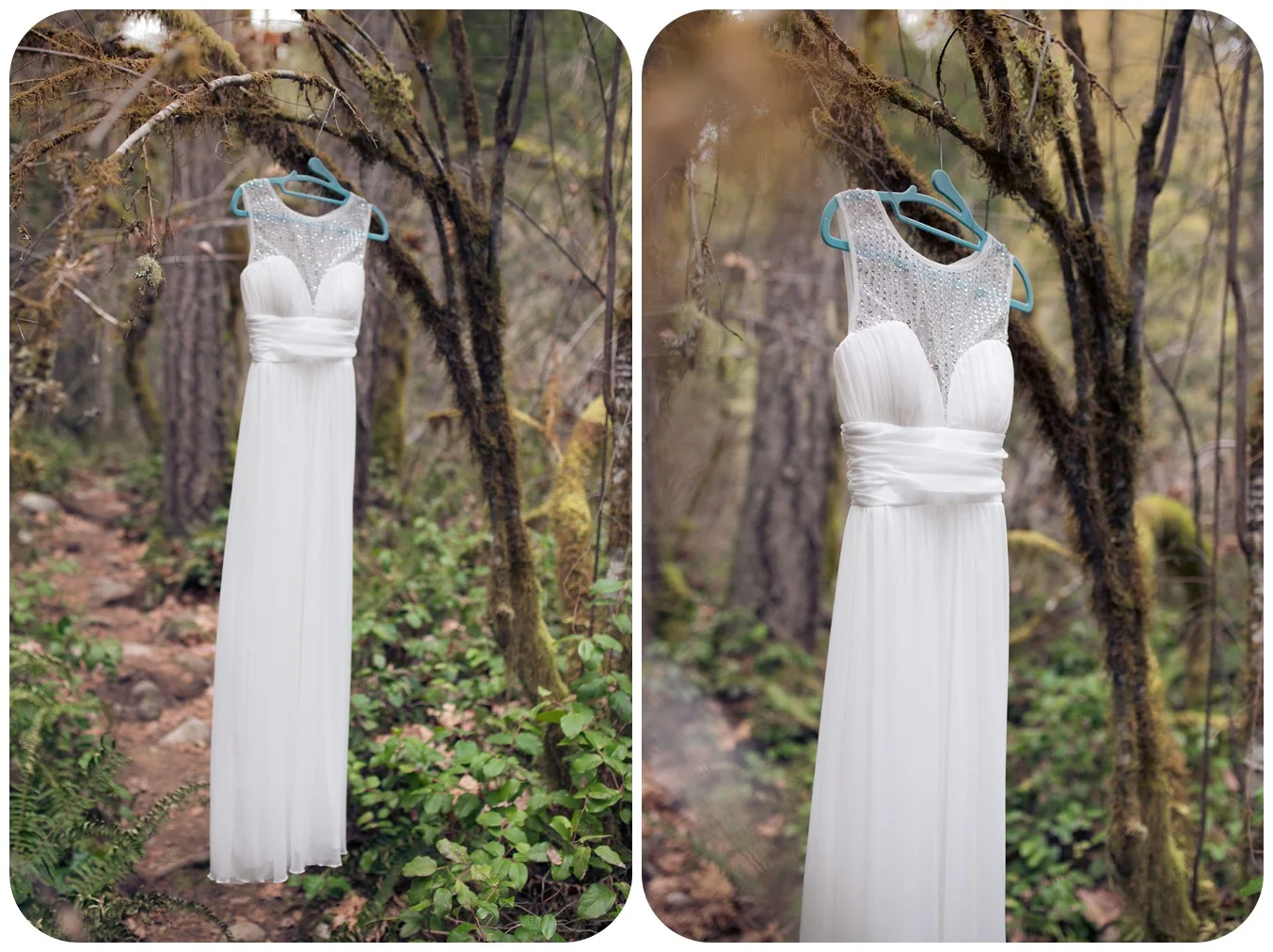 Whimsical wedding dress hanging in forest tree before elopement ceremony at Englishman River Falls in Parksville BC