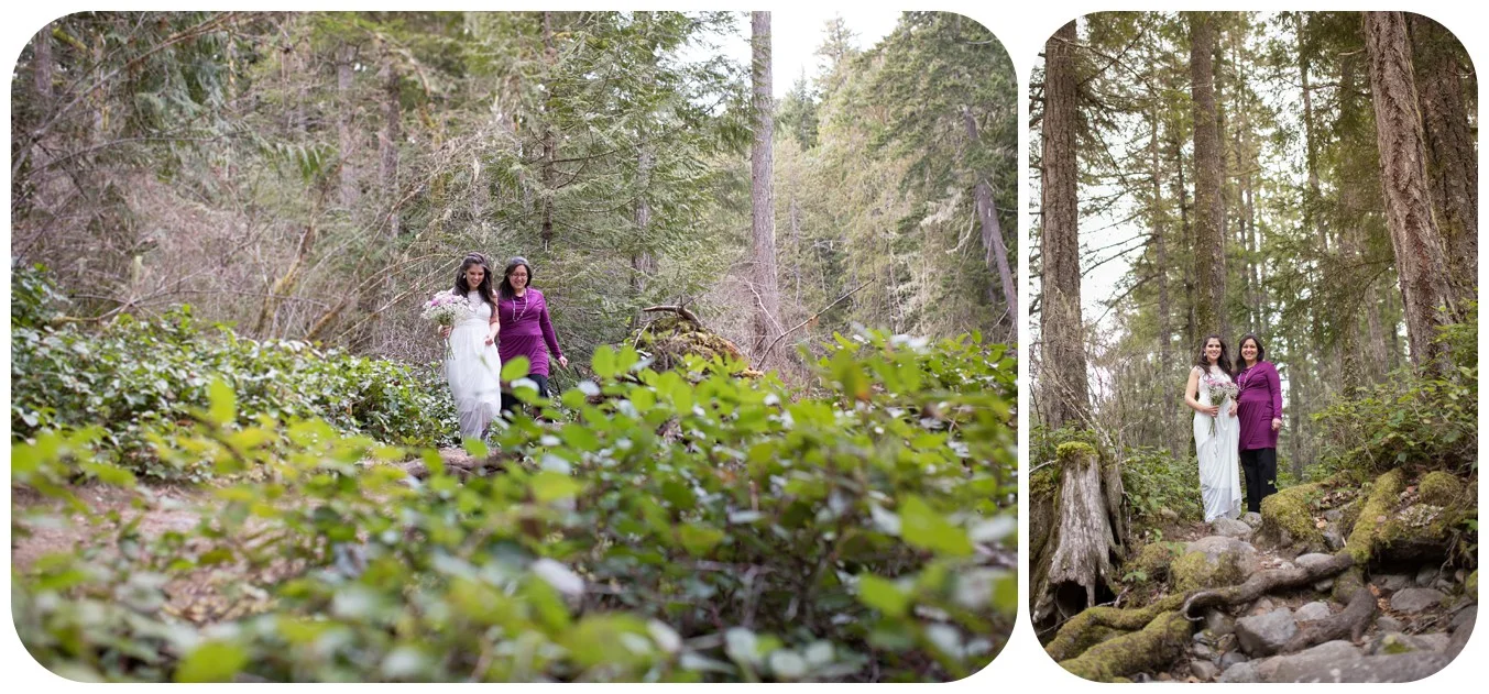 Mom walks bride down forest aisle, rustic vancouver island wedding photographers